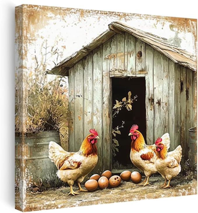 CCWORKERRY Chicken Kitchen Pictures Wall Art Rooster and Eggs Canvas Prints Farm Animals Wall Decor for Farmhouse Dining Room Decor Framed(White,16" x 16")