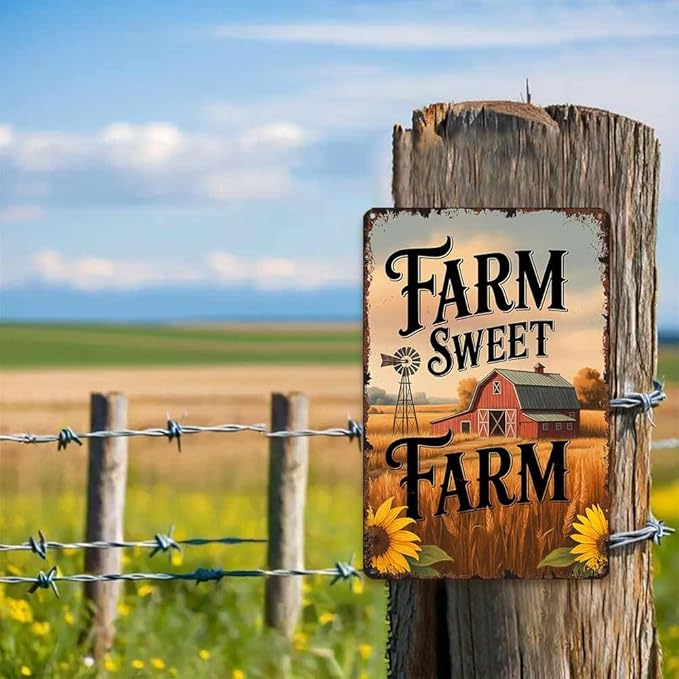 Farm Sweet Farm Rustic Countryside Motif 8x12 Inch Vintage Aluminum Metal Tin Signs-For Backyard Patio Porch Kitchen Living Room Wall Decor