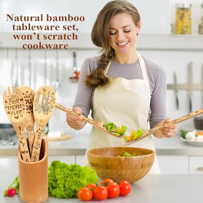 Mothers Day Gifts for Mom from Daughter Son Cooking Spoon,Engraved Bamboo Kitchen Cooking Utensils Set Gifts,Wooden Birthday Gifts for Mom Mother in Law Step Mama,I Love You Mom Gifts