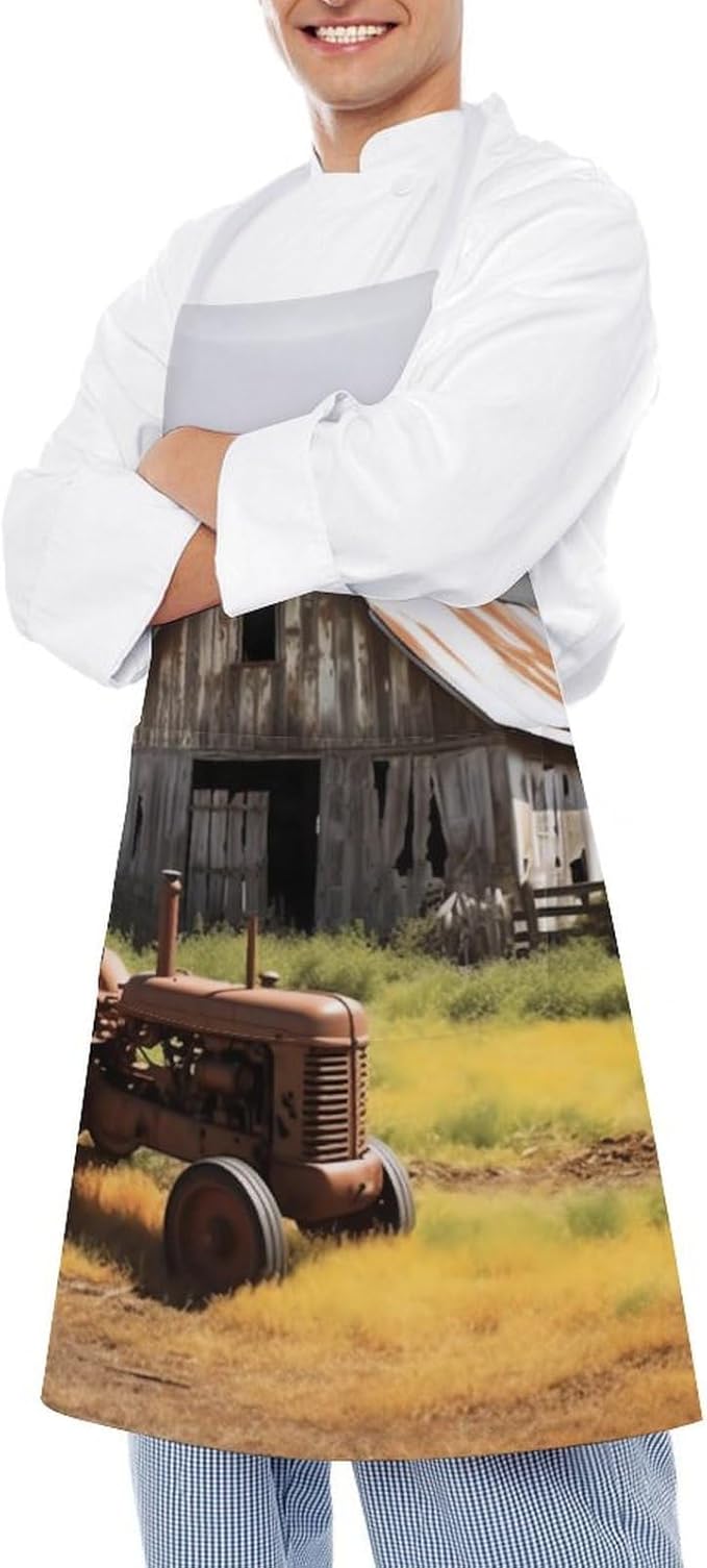 Rusted Tractor Apron with Pocket Adjustable Cooking Bib Aprons with Long Tie Polyester Waterproof Neck Strap Kitchen Apron for Men Women Baking Crafting Gardening