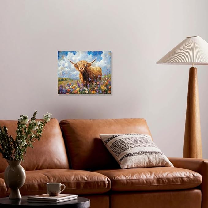 Yidepot Highland Cow Canvas Wall Art: Flowers Farmhouse Artwork, Cow Pictures Bedroom Decor Ready to Hang 12x15inch