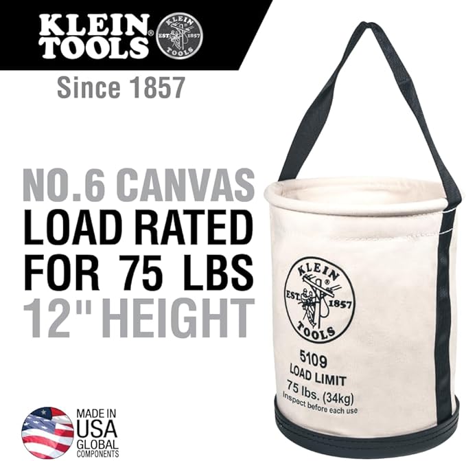 Klein Tools 5109 Canvas Bucket, Wide-Opening Straight-Wall Tool Bucket is Made of No. 6 Canvas with Black Molded Bottom, 75-Pound Load Rated