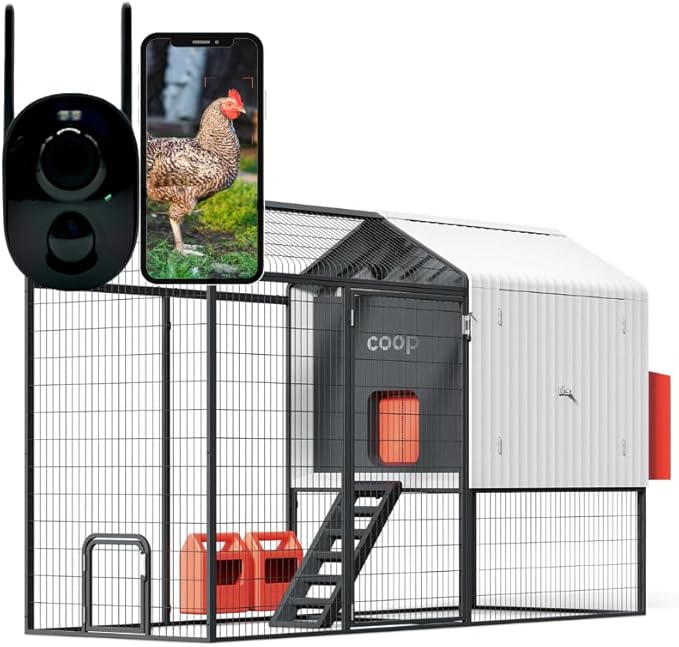 Smart Coop with Steel Run – Weatherproof, Predator-Proof Chicken Coop with Dual Smart Cameras, Automatic Door, Solar Optional for 4-6 Chickens