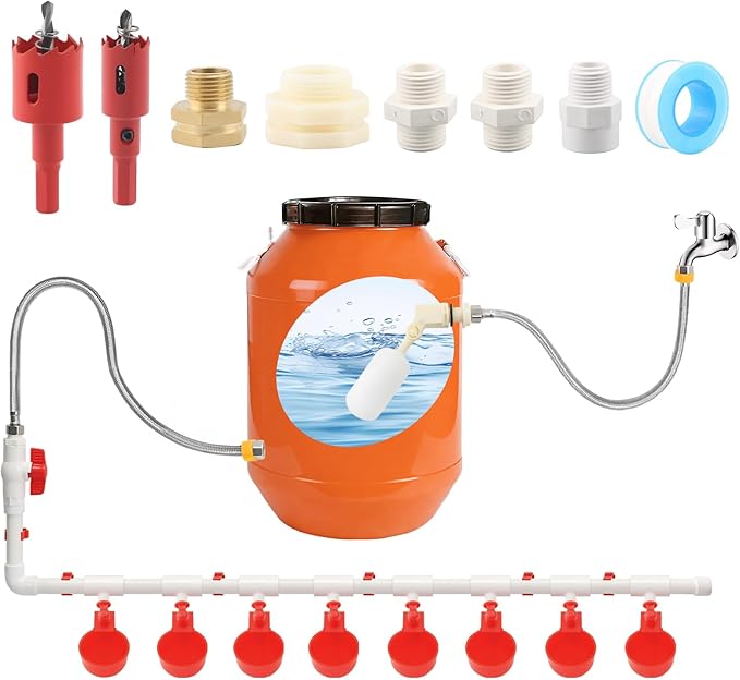58 Pcs Automatic Chicken Waterer System with 8 Water Cups & 2 Garden Hose &1/2" PVC Pipe & Float Valve & Hose Connector Kit for Chicken coops,Geese,Ducks,Compatible with Water Tanks,1/2"&3/4" Hose