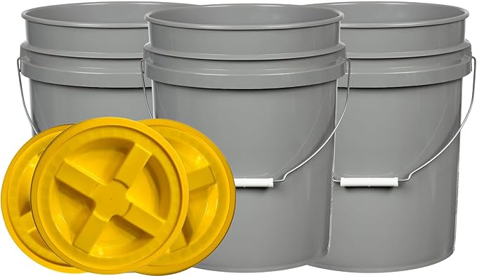 House Naturals 5 Gallon Food Grade Made in USA Plastic Bucket with Screw On Air Tight Double Gasket lid, (Pack of 3) (Gray Buckets-Yellow Lids)