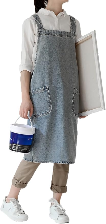 Cotton Denim Apron Soft - Unisex Adjustable Bib Apron with 5-Pockets Perfect for Kitchens