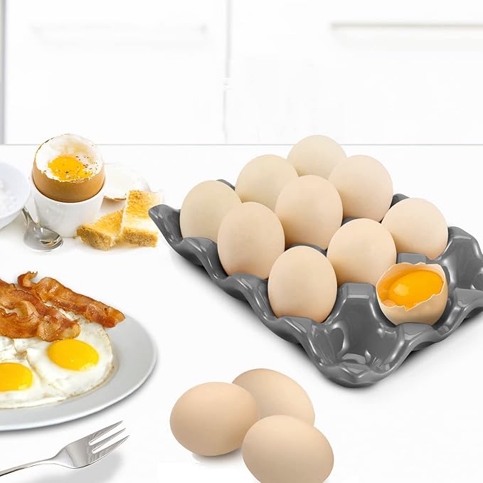 Flexzion 12 Cups Ceramic Egg Holder for Fridge - Dozen Ceramic Egg Tray Porcelain Container Storage Organizer Decorative Serving Stand Serveware for Refrigerator Countertop Display (Gray)