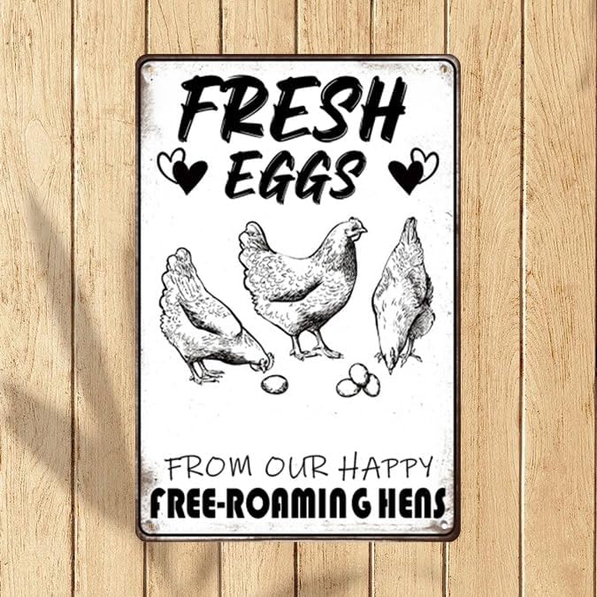 Retro Funny Chicken Tin Sign,Vintage Chicken Coop Metal Poster, Farm Wall Art Decor for Outdoor Home Fence Kitchen Bedroom,Gifts 8×12 Inches (FRESH EGGS)
