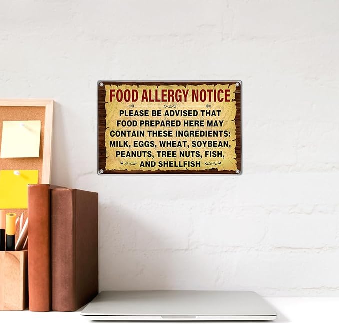 Food Allergy Notice Metal Sign 12 x 8 Inch Restaurant Cafe Kitchen Dining Area Canteen Wall Decor Safety Warning Signage For Preparation Areas Art Home Outdoor Vintage