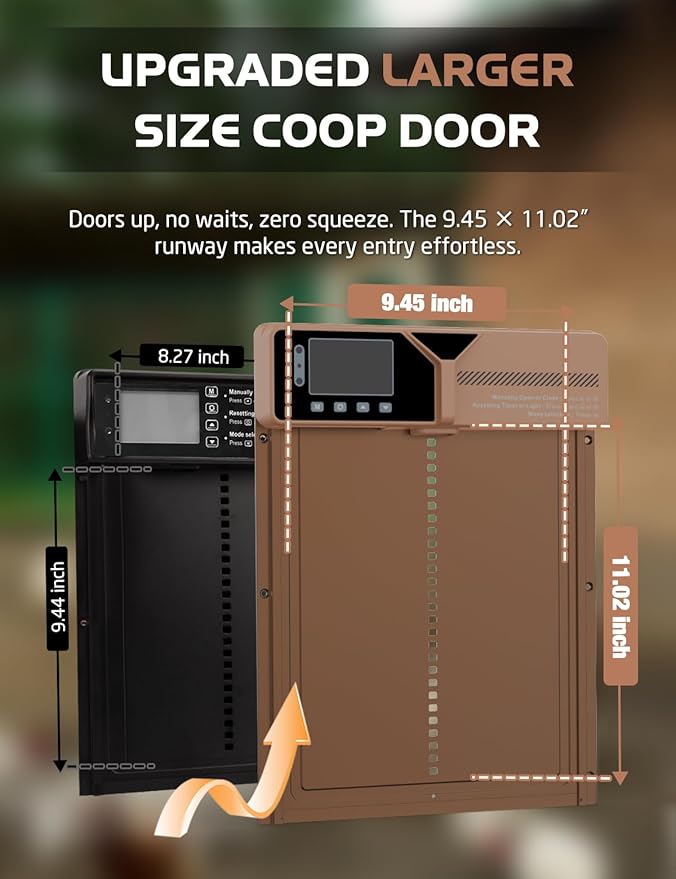 Upgraded Large Automatic Chicken Coop Door - Solar,Battery Powered Chicken Door Opener | Timer,Light Sensor,Remote,Manual Control | Anti-Pinch, Predator Proof All-Weather Resistance Coop Door