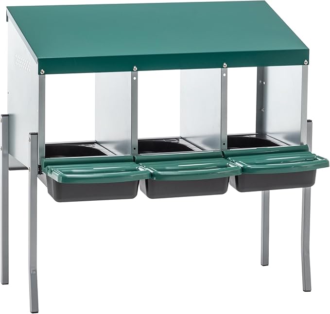 Chicken Nesting Box, 3 Compartment Wall Mount Metal Chickens Laying Boxes with Legs for Hens, Ducks, Roll-Out Egg Collection for Chicken Coop, Backyard, Farms, Green