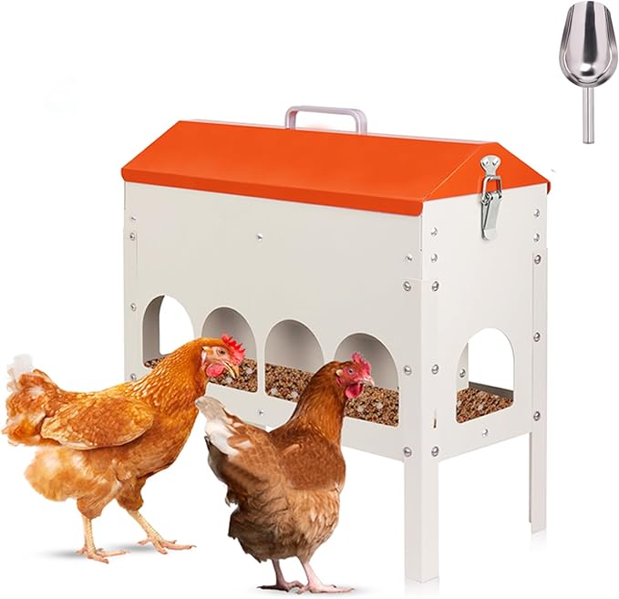 JLUHYANN15Lb Automatic Chicken Feeder, Metal Chicken Feeder with10 Feeding Port and Adjustable Legs No Waste Poultry Feeder Trough for Chickens Geese Ducks Turkeys Quails
