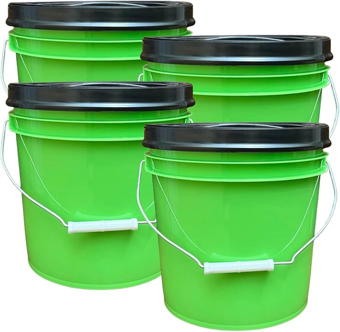 House Naturals 2 Gallon Food Grade - BPA Free Made in USA Buckets Lime Color pails with Screw On Gasket Lids (4, Lime - Black lids)