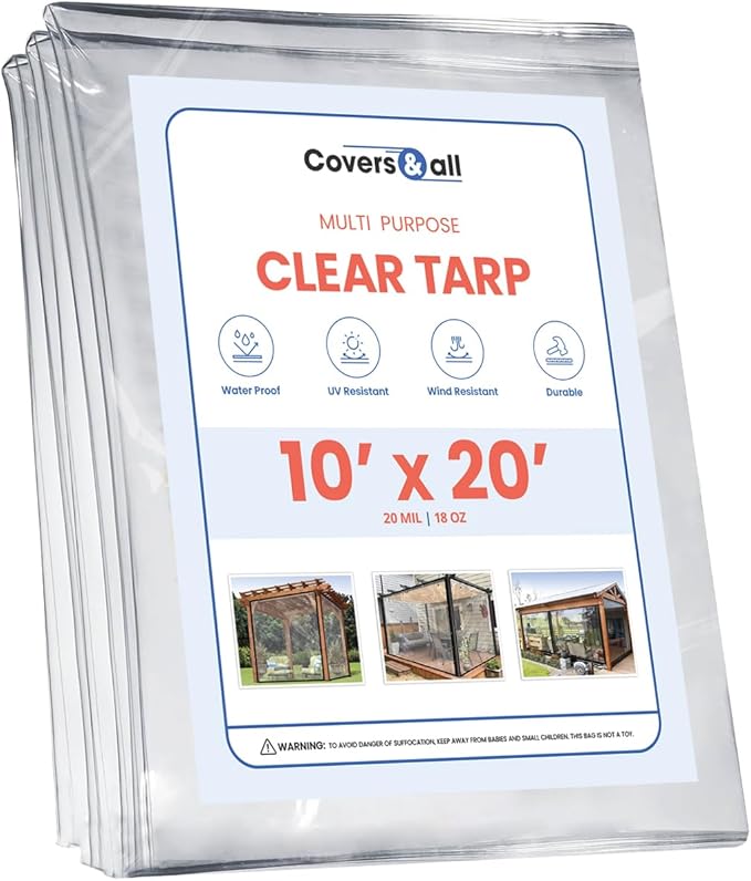 Covers & all Clear Tarp Heavy Duty Waterproof, 20mil Clear Tarp with Grommets, Outdoor Tarp for Patio Covers, Porch Screens, Greenhouses, Chicken Coop (10' H x 20' W Feet), Indoor or Outdoor Use