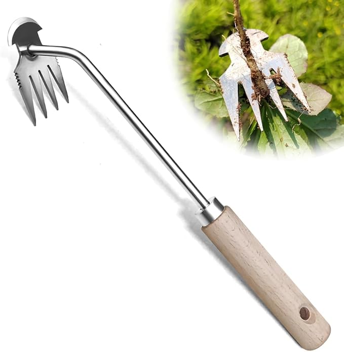 Manual Weed Puller Tool, 4-Claw Steel Head, Wooden Handle, Hand Garden Weeder