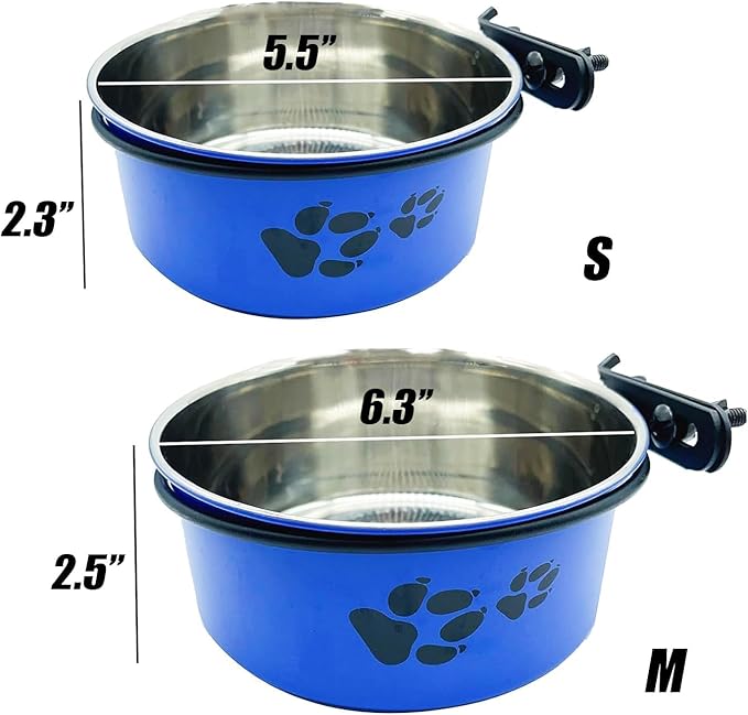 Dog Crate Food and Water Bowl 2Pcs Small Pet Hanging Kennel Removable Dish Feeding Cup with Holder for Medium Large Size Cat Puppy (Blue, 5.5''X2.3''&6.3‘’X2.5'')