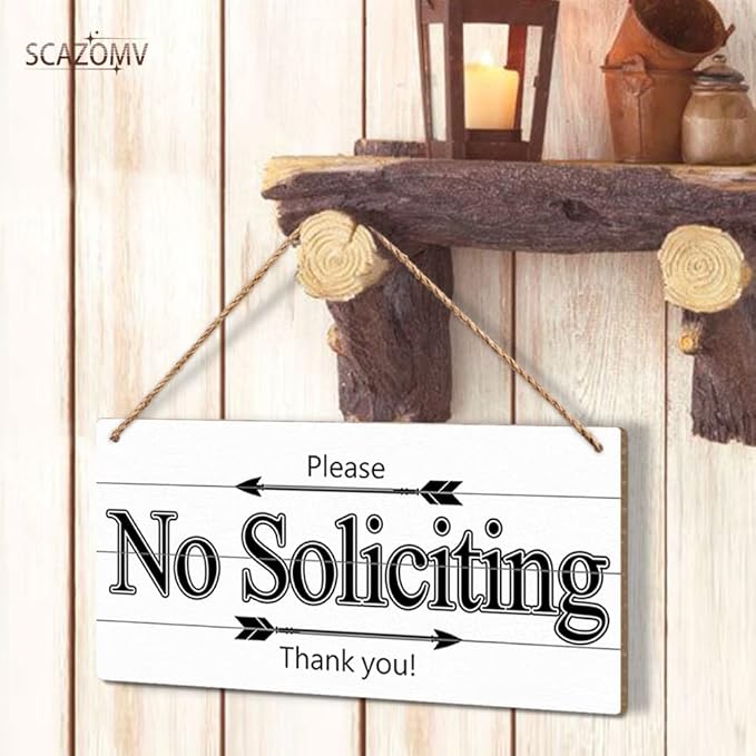 Please No Soliciting Thank You Funny Rustic Wooden Front Door Sign Vintage Outdoor Wall Art Hanging Plaque for Porch Yard Store Home Farmhouse Decor 10''x 5''