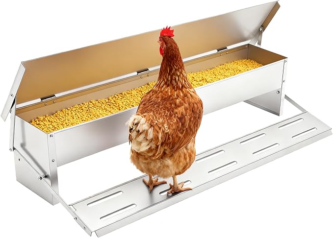 Automatic Chicken Feeder, 220lbs Outdoor Use Poultry Feeder, Bird Proof Coop Food Dispenser, No Waste, Galvanized Steel Treadle Pedal Feeder for Hens, Ducks, Geese, Coop
