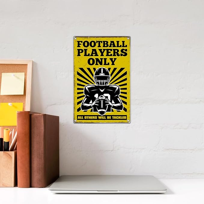 Football Players Only Metal Sign 8 x 12 Inch Funny American Wall Decor For Game Room Gym Bar Garage Sports Poster Decoration Athletes Coaches Fans Indoor Home Kitchen