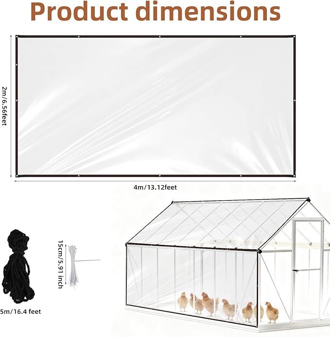 2pcs Chicken Coop Cover, 4x2m/13.12x6.56 Feet Waterproof Clear Tarp for Chicken Coop with 30 Cable Ties Heavy Duty PVC Pheasantry Runway Cover Wrap for Outdoor Farm Winter Supplies Accessories