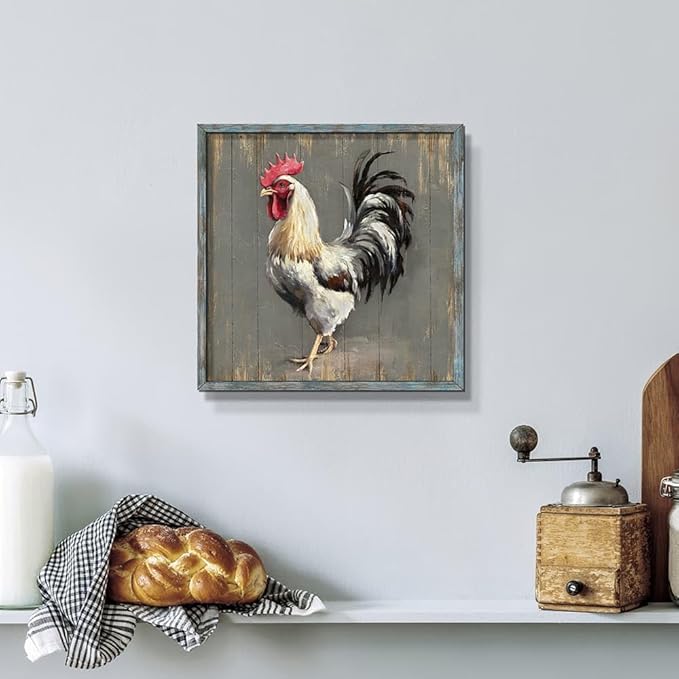 Rooster Wooden Wall Art Decor: Farm Cock Picture Country Animal Framed Artwork Rustic Farmhouse Chicken Painting for the Kitchen Bedroom 12"x12"
