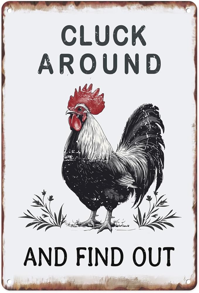 Sanwarm Funny Chicken Gifts Metal Sign Chickens Cluck Around and Find Out Tin Signs For Home Farm Chicken Coop Farmhouse Kitchen Garden Wall Decor Grey Poster Vintage Hanging Painting 12 X 8 Inch