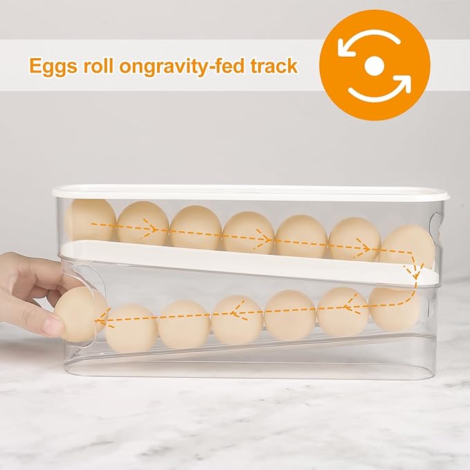 Automatic Roll Down Egg Dispenser for Refrigerator Organizer with Lid, 12-Count Double Layer Rolling Egg Holder for Fridge Storage (1PCS)