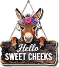 Farmhouse Bathroom Wall Decor, Hello Sweet Cheeks Donkey Sign, Rustic Wood Hanging Plaque, Watercolor Farm Animal Wall Art Painting Style for Bathroom Front Door Country Home, 9.8x9.8 Inches
