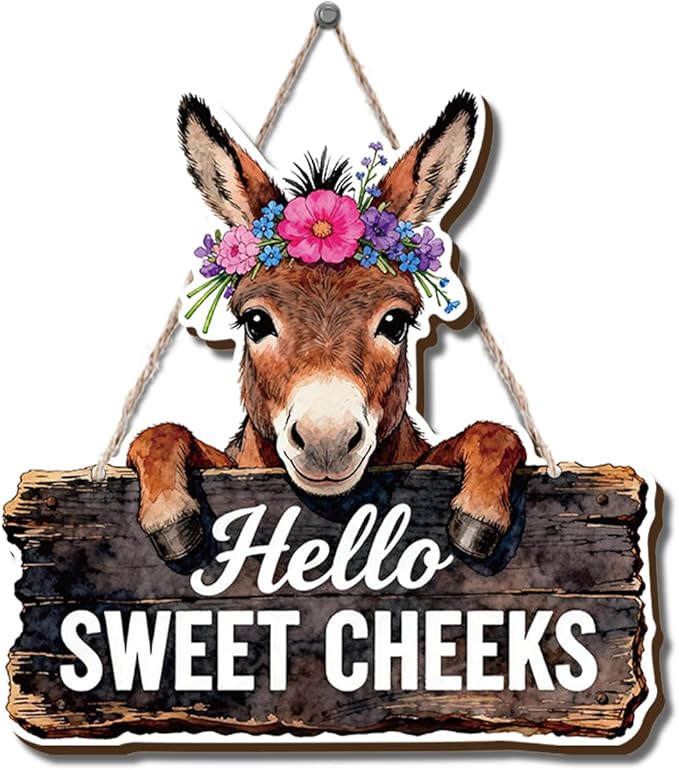 Farmhouse Bathroom Wall Decor, Hello Sweet Cheeks Donkey Sign, Rustic Wood Hanging Plaque, Watercolor Farm Animal Wall Art Painting Style for Bathroom Front Door Country Home, 9.8x9.8 Inches
