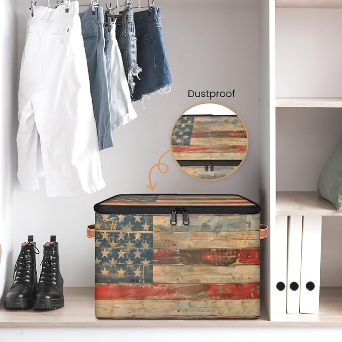 American flag Storage Bins with Zipper Lid, Vintage Wooden Lidded Storage Baskets Boxes Foldable Organizer with Leather Handles for Clothes Closet Shelf