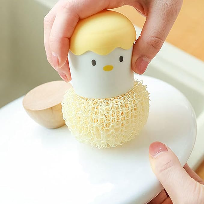 Eggshell Chicken Cleaning Brush Cartoon Kitchen Scrubber Fiber Ball Head Detachable Handle for Bowls Pots Dishwashing (Yellow)