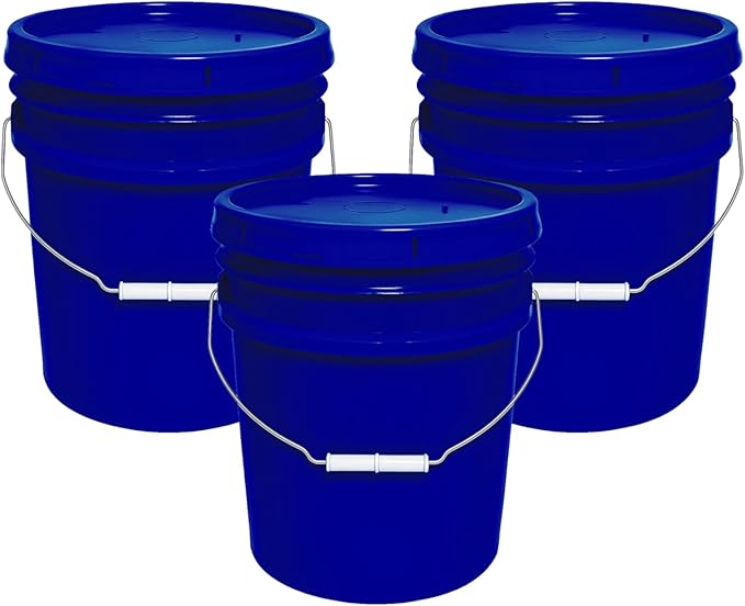 5-Gallon Bucket with Airtight Lid – Made in USA, Food Grade BPA Free Plastic, Heavy Duty Multi-Use, Metal Handle with Grip, Stackable Storage – Fina Blue, 3 Pack