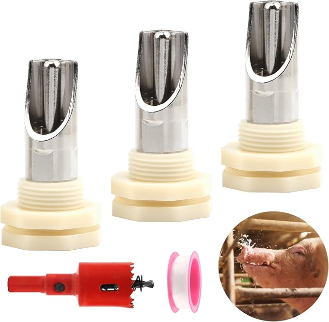 Pig Nipple Waterer for Barrel Kits, 3pcs Stainless Steel Automatic Pig Drinker Feeder Water Tank Connector with 1 Hole Opener & PTFE Tapes, Watering Systems Kit for Pig/Goats/Swine/Piglets/Drinking