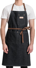 ROTANET Denim Work Apron with 3 Pockets Jean Shop Aprons for Chef Hairstylist Kitchen Woodworking for Men Women Blue Black