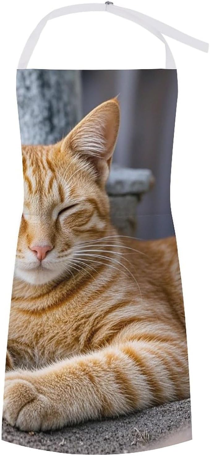 Waterproof Apron Adjustable Bib Aprons with Pockets Orange Cat Sleeping Apron Kitchen Aprons for Women Men