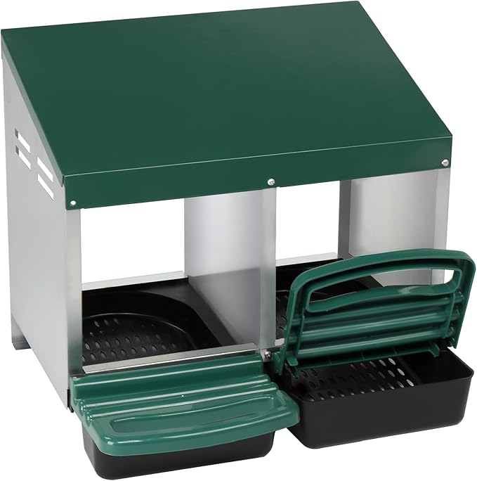 Chicken Nesting Boxes Plastic with Roll Away Egg,2 Compartment Roll Out Chicken Nest Box Egg Laying Box with Lid Cover,Rolling Egg Collection & Protection Chicken Coop for Up to 2 Hens,Green