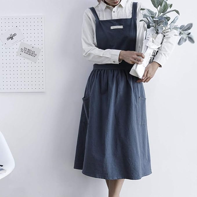 Cotton and linen Kitchen Cooking Aprons Dress for Women with Pockets Cute for Baking Painting Gardening Cleaning