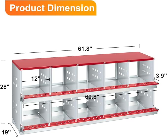 10-Compartment Chicken Nesting Box with Roll-Away Egg Collection - Metal Laying Box for Hens and Ducks, Features Pull-Out Tray & Swing Perch, Wall Mount Design for Coops