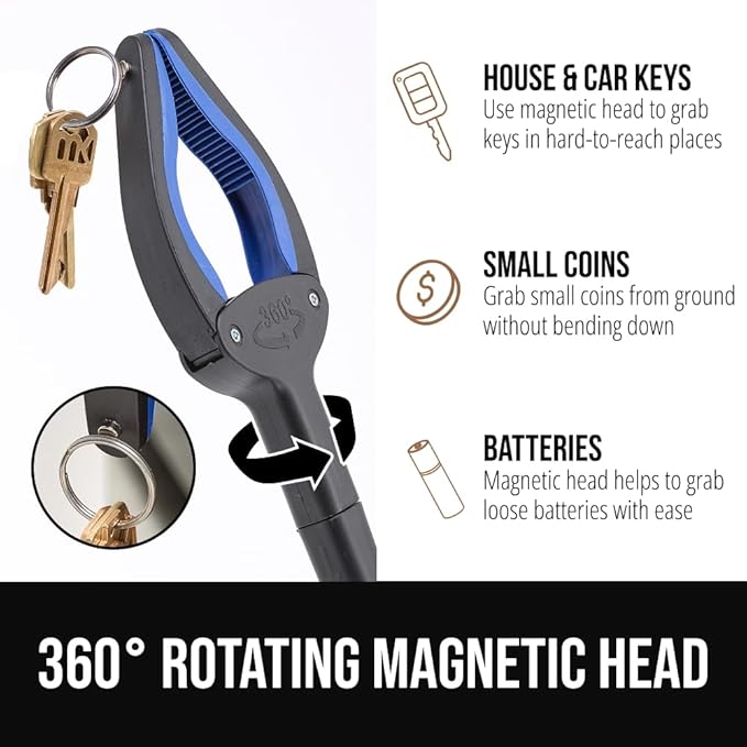 GORILLA GRIP Strong Rubber Lined Claw Grabber, 2 Pack Ergonomic Anti-Slip Reacher Tool for Seniors, 360 Magnetic Rotating Head Reaching Pickup Stick, Foldable Trash Picker, Handicap Gripper, Blue