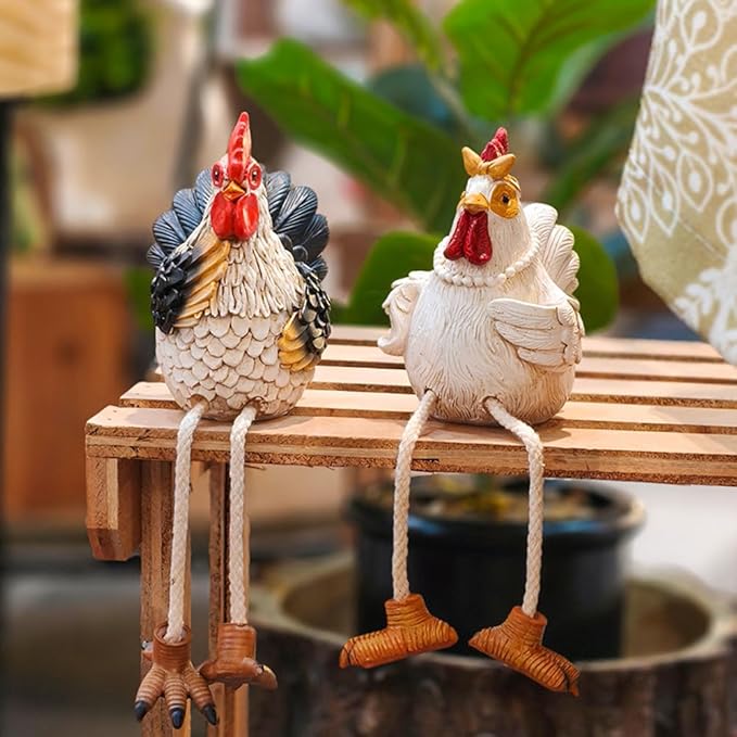 Funny Shelf Sitting Chicken Figurines – Farmhouse Rooster & Hen Statues with Dangling Legs – Rustic Tabletop Home Decor, Kitchen, Garden Ornaments (Set of 2)