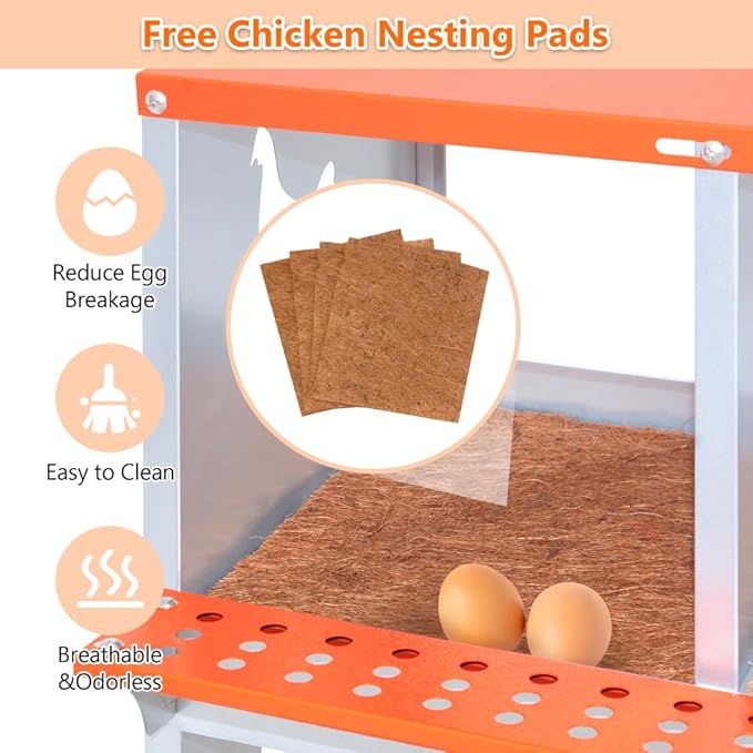 Heavy-Duty Wall-Mounted Metal Nesting Box for Chickens and Ducks – Ventilated Galvanized Steel Coop Accessory with Easy Egg Harvest (4-Orange)