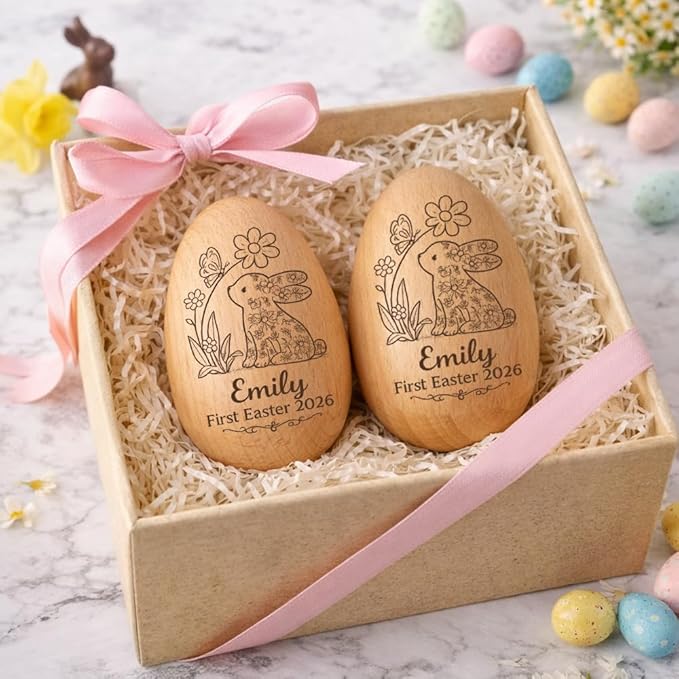 Personalized Wooden Easter Egg – Custom Engraved Bunny Name Egg, Baby First Easter Keepsake Gift, Rustic Wood Bunny Decor, Cute Basket Stuffer for Kids, Spring Holiday Gift for Baby Boy Girl