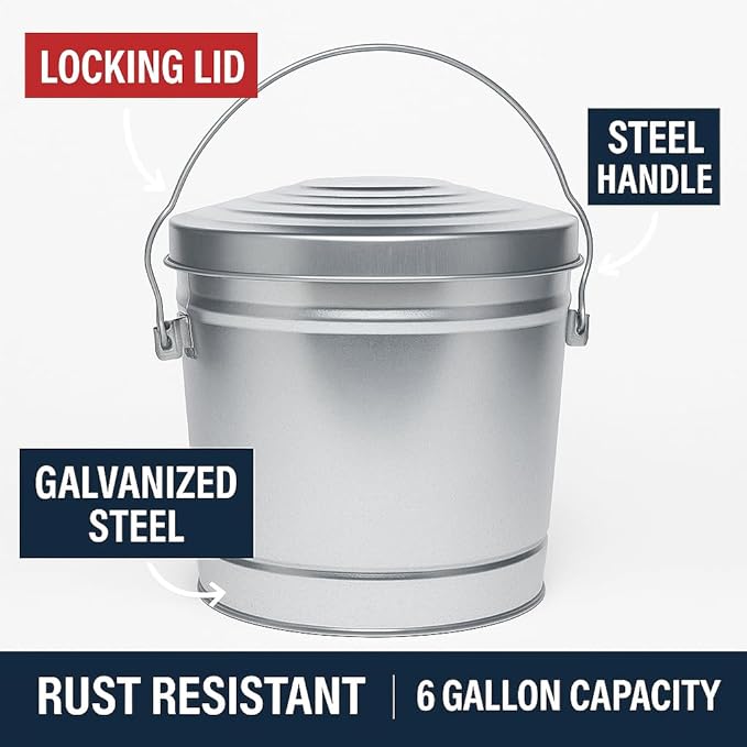 6-Gallon Galvanized Steel Locking Lid Storage Can – Heavy-Duty Metal Utility Bin for Tools, Feed, Trash & Pet Food – Rust-Resistant Outdoor Container