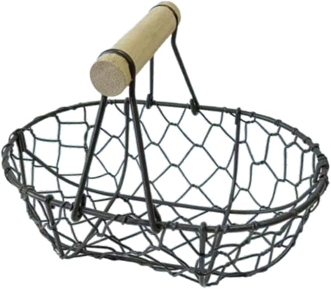 Wire Egg Basket with Wooden Handle Rustic Snack Basket Kitchen Storage Vintage Vegetables Basket for Farmhouse Decor- Black