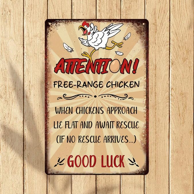 Retro Funny Chicken Tin Sign,Vintage Chicken Coop Metal Poster, Farm Free-Range Chicken Wall Art Decor for Outdoor Home Fence Kitchen Bedroom,Gifts 8×12 Inches (FREE-RANGE CHICKEN)