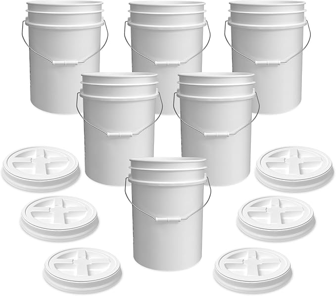 ePackageSupply 5 Gallon White Bucket with White Gamma Seal Screw on Airtight Lid | Made in USA | Food Grade | Heavy-Duty HPDE Plastic | Durable 90 Mil Pail | Easy Stack and Store | BPA Free (6 Count)
