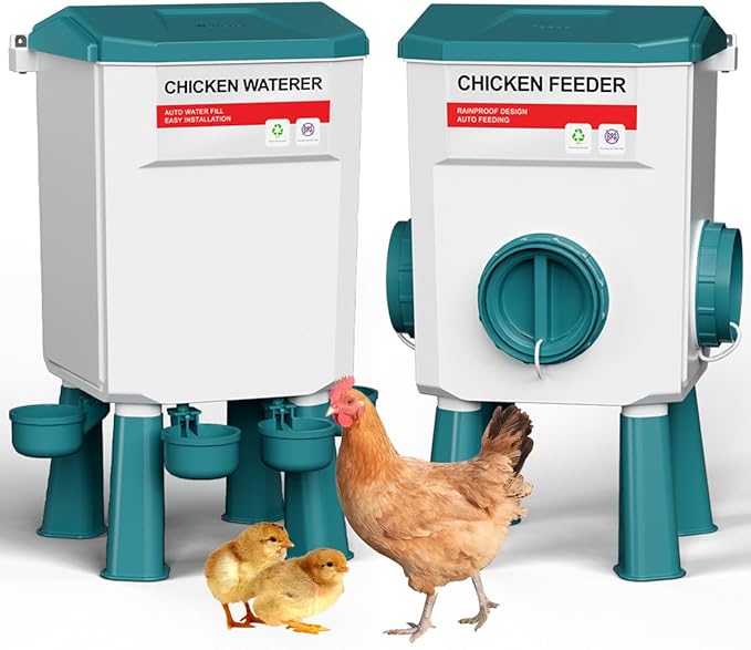Chicken Feeder and Waterer Set, 3 Gallon/26.5 Pounds, Automatic Chicken Feeders and Chicken Waterer, Detachable for Chickens, Duck & Quail Coop Use, Outdoor Farm & Backyard (Lake Blue)