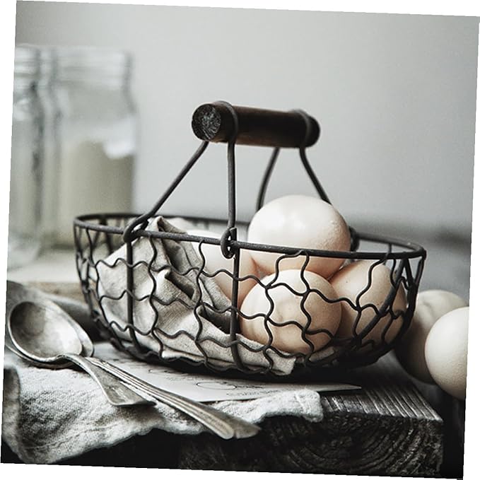 2pcs Iron Fruit Basket with Wooden Handles, Vintage Farmhouse Style Egg and Snack Storage Baskets, Small Gray-black Metal Kitchen Pantry Organizer