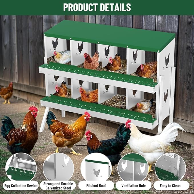 Chicken Nest Box, 8-Compartment Egg-Laying Box, Metal Hen House, Convenient for Collecting Eggs - Ventilated Poultry House Equipment - Suitable for Hens, Ducks Green,with Stand