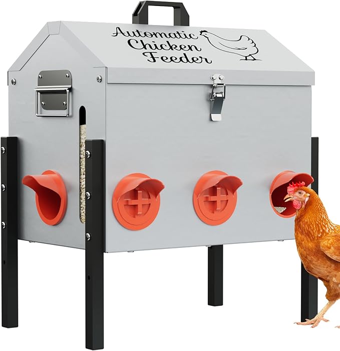 50LB Automatic Chicken Feeder, Metal Chicken Feeder with Window, No-Waste Poultry Feeder with 8 Feeding Ports, Adjustable Height, Locking Lid & Weatherproof Design for Outdoor Coop